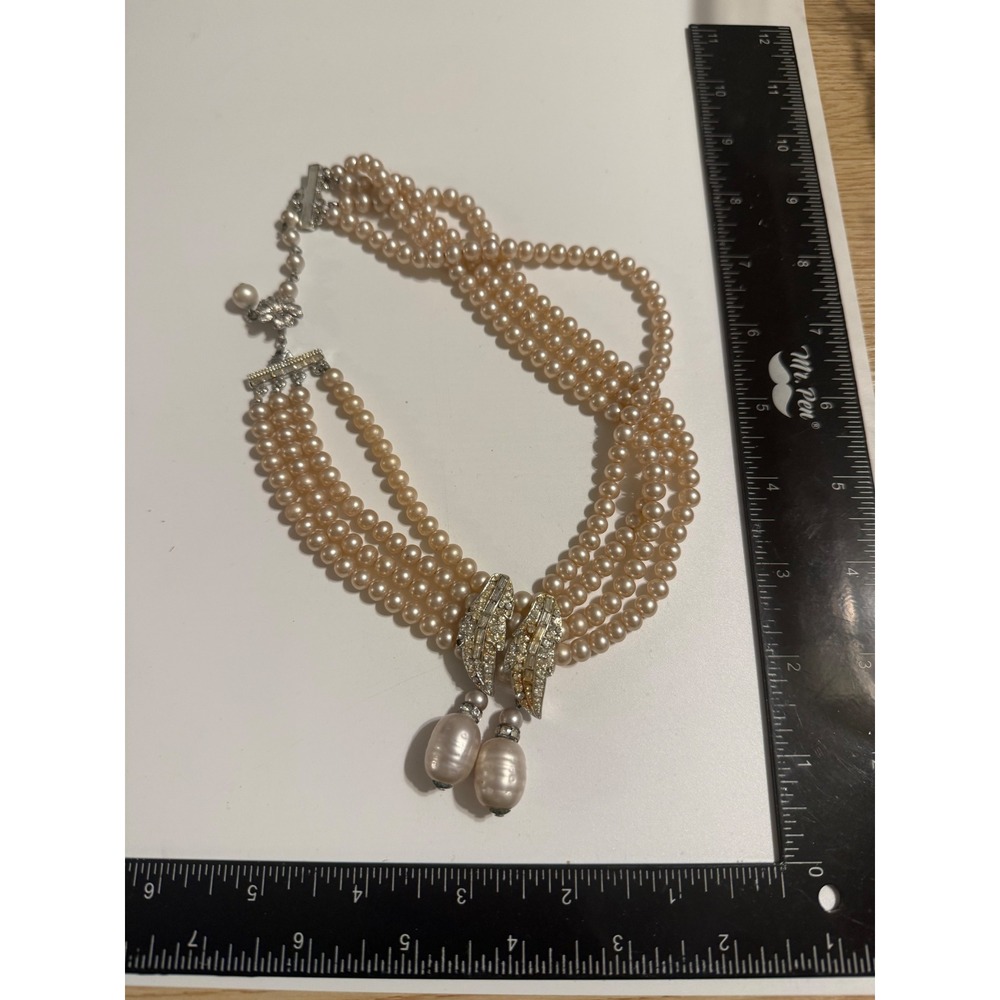 Vintage Triple Strand Faux Pearl Rhinestone Statement Necklace Cream Baroque